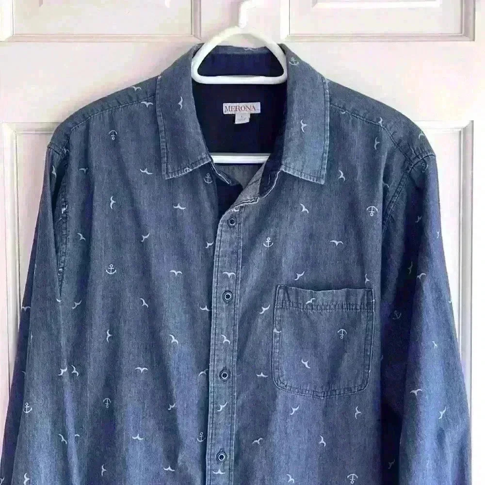 Denim chambray Shirt with nautical print western cowgirl